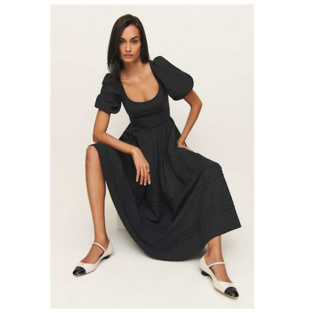 NEW Reformation Everlyn Puff Sleeve Stretch Organic Cotton Maxi Dress Size 6